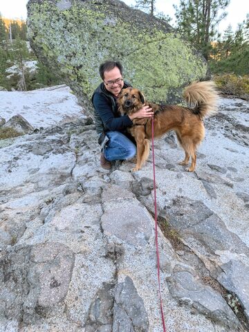 Hana and I scrambling on rocks outside Soda Springs near Lake Tahoe
