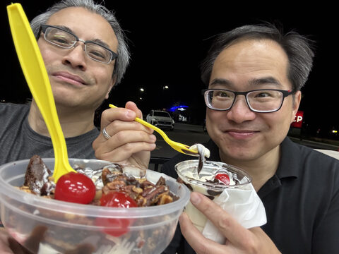 Having reward custard at Andy's after a difficult day of dealing with parental moves