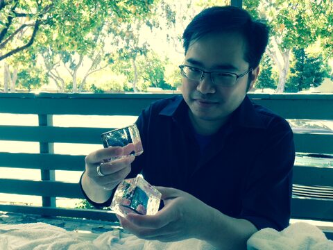 Cutting clear ice cubes with a circular saw on the back patio of the Groupon Portage Avenue space (photo credit Hoshi)