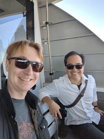 Mark and I escaping SF by boat after our last day in-office at Google